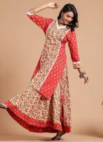 Cotton Red Traditional Wear Printed Readymade Kurti With Plazzo